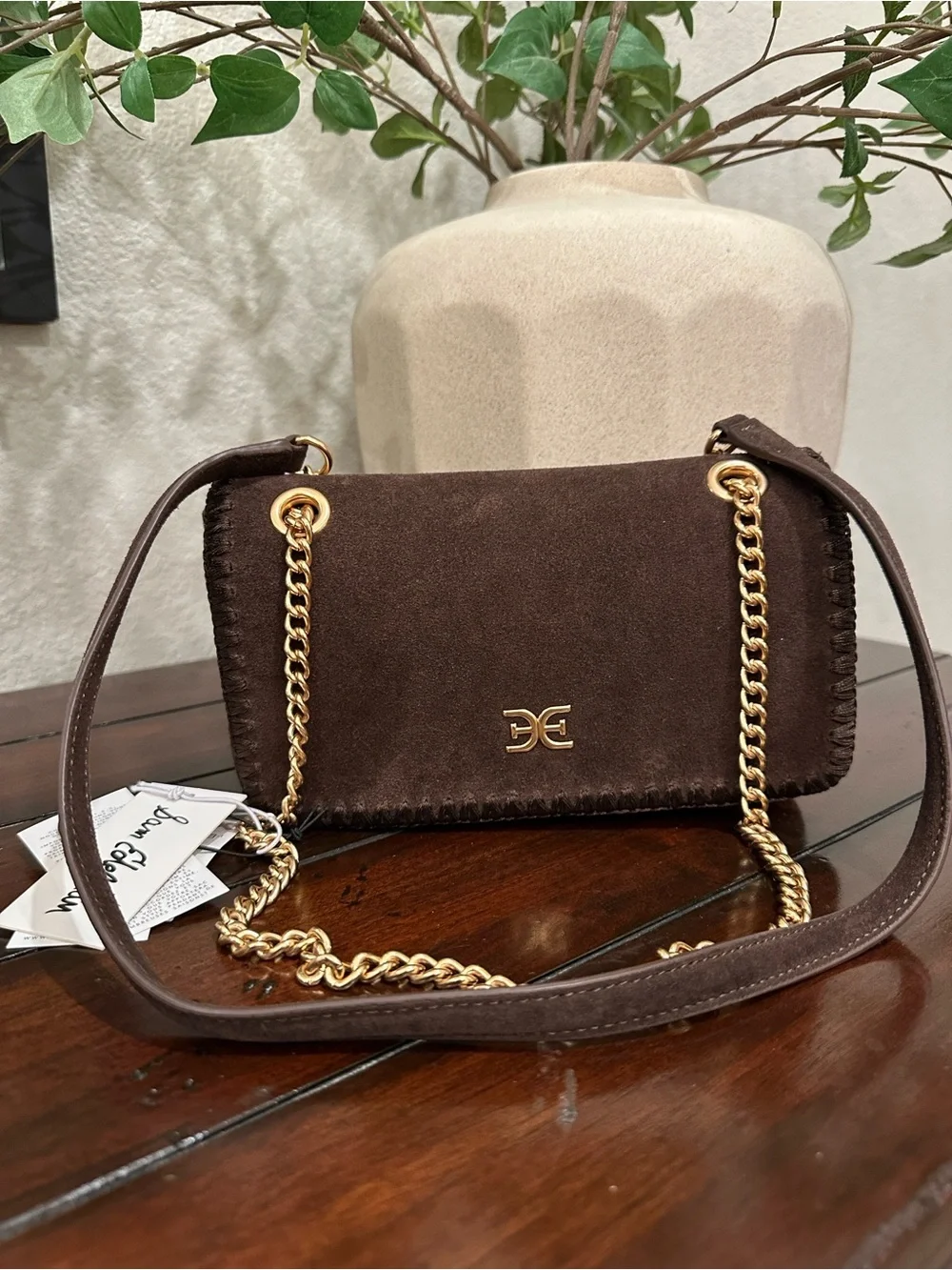 Sam Edelman Brown Suede and Gold Chain Crossbody Bag